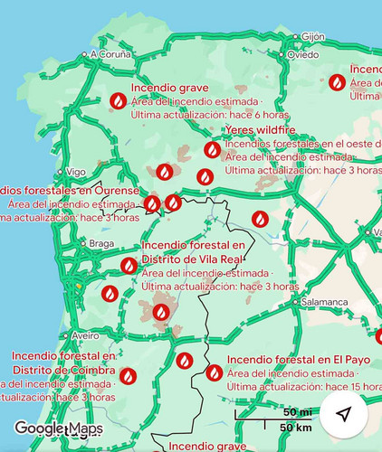 Karte mit Waldbränden in Spanien Feuerwelle in Nordwestspanien